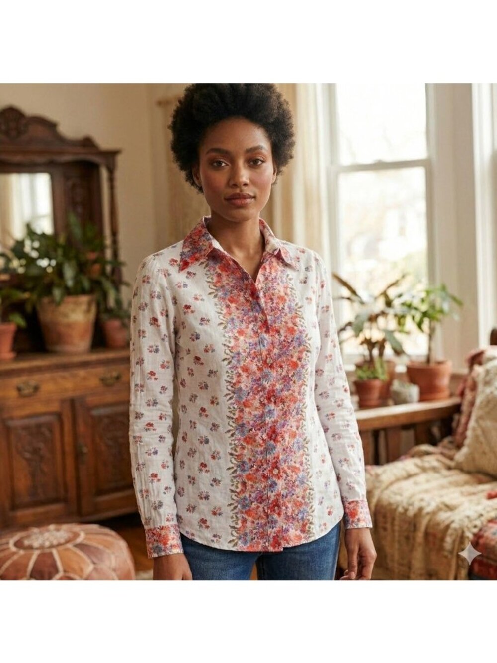 Vintage 70s White Cotton Blouse Dagger Collar Floral Jacquard Disco Shirt S